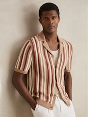 Reiss Camel Multi Carrington Cotton Crochet Stripe Cuban Shirt - Image 1 of 6