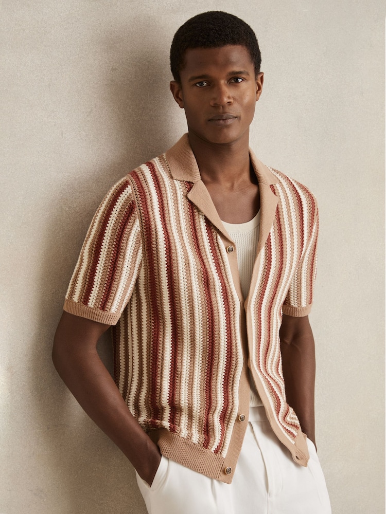 Reiss Camel Multi Carrington Cotton Crochet Stripe Cuban Shirt - Image 1 of 6