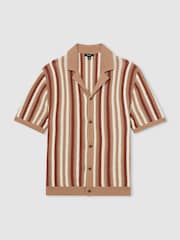 Reiss Camel Multi Carrington Cotton Crochet Stripe Cuban Shirt - Image 2 of 6