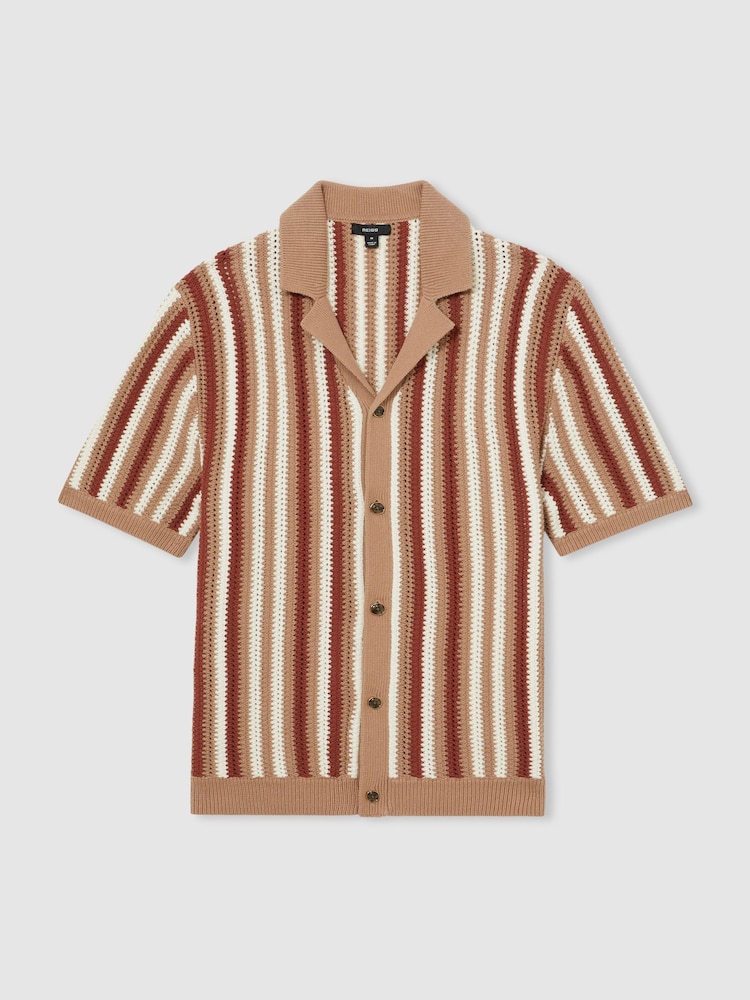 Reiss Camel Multi Carrington Cotton Crochet Stripe Cuban Shirt - Image 2 of 6