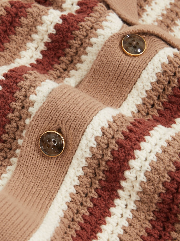 Reiss Camel Multi Carrington Cotton Crochet Stripe Cuban Shirt - Image 6 of 6