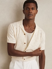Reiss Off White Royce Pointelle Button-Through Shirt - Image 1 of 6