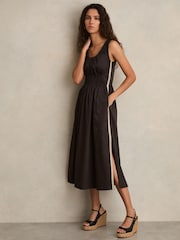 Reiss Brown Anouk Cotton Craft-Stitch Shirred Midi Dress - Image 1 of 6