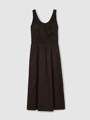Reiss Brown Anouk Cotton Craft-Stitch Shirred Midi Dress - Image 2 of 6