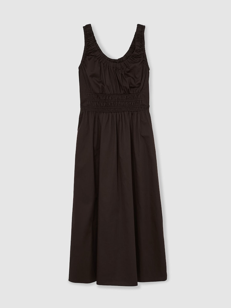 Reiss Brown Anouk Cotton Craft-Stitch Shirred Midi Dress - Image 2 of 6