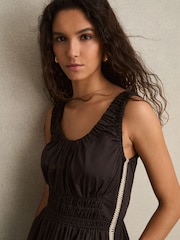 Reiss Brown Anouk Cotton Craft-Stitch Shirred Midi Dress - Image 3 of 6