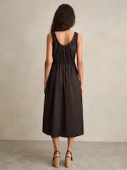 Reiss Brown Anouk Cotton Craft-Stitch Shirred Midi Dress - Image 4 of 6