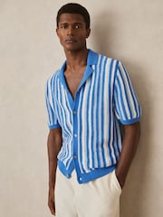 Reiss Blue Multi Carrington Cotton Crochet Stripe Cuban Shirt - Image 1 of 5