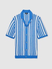 Reiss Blue Multi Carrington Cotton Crochet Stripe Cuban Shirt - Image 2 of 5