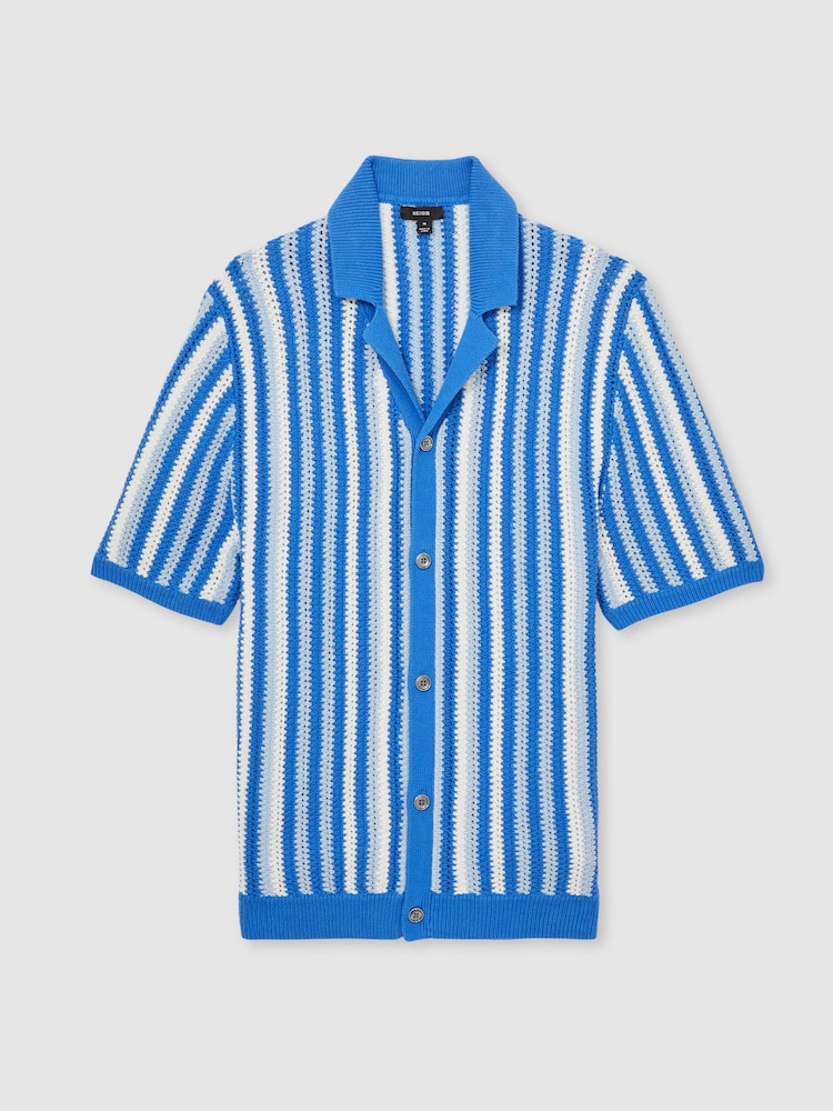 Reiss Blue Multi Carrington Cotton Crochet Stripe Cuban Shirt - Image 2 of 5