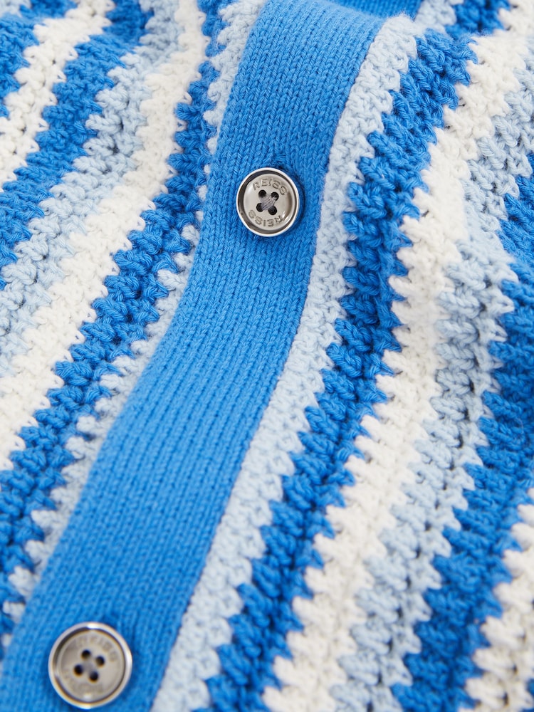 Reiss Blue Multi Carrington Cotton Crochet Stripe Cuban Shirt - Image 5 of 5