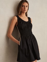 Reiss Black Abi Cotton Craft-Stitch Shirred Mini Dress - Image 1 of 6