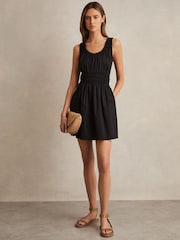 Reiss Black Abi Cotton Craft-Stitch Shirred Mini Dress - Image 4 of 6