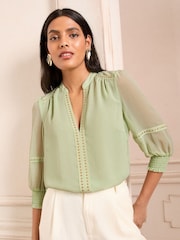 Love & Roses Green V-Neck Hardware Long Sleeve Blouse - Image 1 of 4