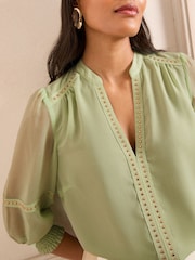 Love & Roses Green V-Neck Hardware Long Sleeve Blouse - Image 2 of 4