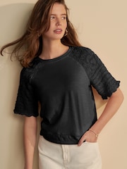Black Crochet Short Sleeve 100% Cotton T-Shirt - Image 1 of 5
