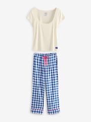 Bath & Body Works Blue Check Jersey Pyjamas - Image 1 of 6