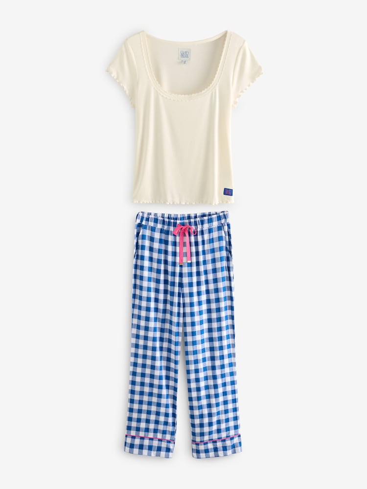 Bath & Body Works Blue Check Jersey Pyjamas - Image 1 of 6 Bath & Body Works Blue Check Jersey Pyjamas - Image 1 of 6