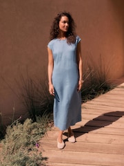 Navy Blue Premium 100% Linen Midi Column Dress - Image 1 of 4