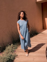 Navy Blue Premium 100% Linen Midi Column Dress - Image 2 of 4