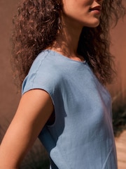 Navy Blue Premium 100% Linen Midi Column Dress - Image 4 of 4