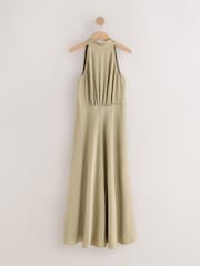 Champagne Gold Textured Satin Halter Sleeveless Midi Dress - Image 5 of 7