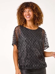 Roman Black Dobby Print Plisse Bubble Hem Top - Image 1 of 5