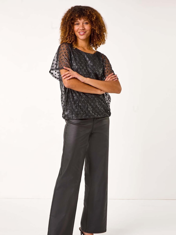 Roman Black Dobby Print Plisse Bubble Hem Top - Image 2 of 5