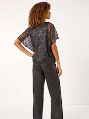 Roman Black Dobby Print Plisse Bubble Hem Top - Image 3 of 5