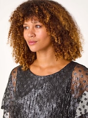 Roman Black Dobby Print Plisse Bubble Hem Top - Image 4 of 5