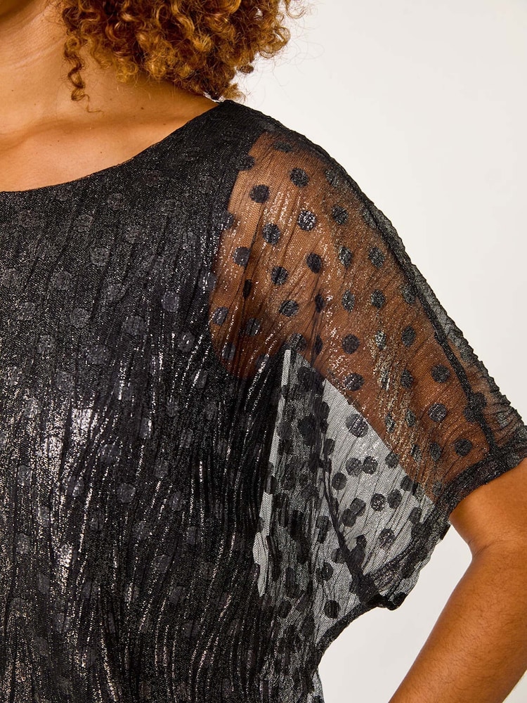 Roman Black Dobby Print Plisse Bubble Hem Top - Image 5 of 5
