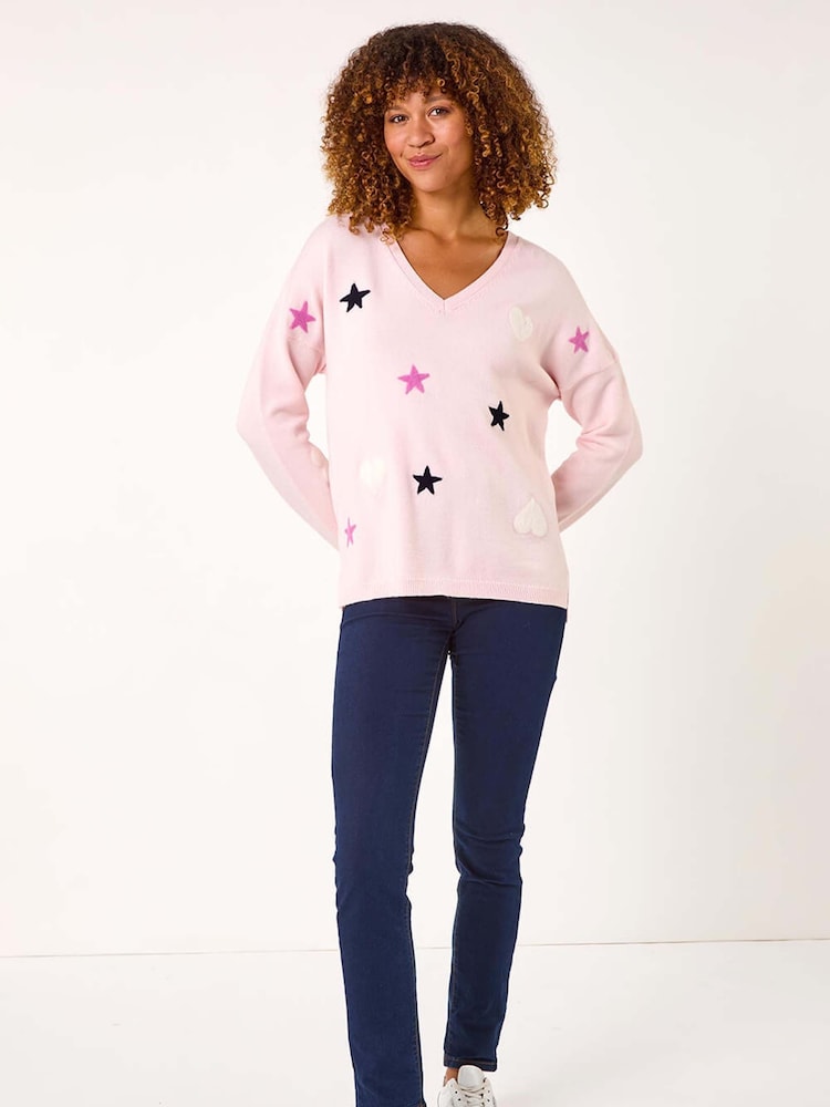 Roman Pink Heart and Star V-Neck Flock Jumper - Image 2 of 5