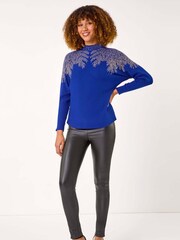 Roman Blue Shimmer Leaf Knit Jumper - Image 2 of 5