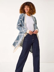 Roman Blue High Low Ombre Tassel Hem Cardigan - Image 1 of 5