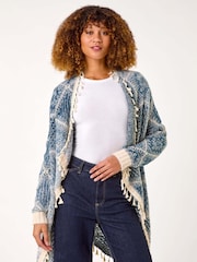 Roman Blue High Low Ombre Tassel Hem Cardigan - Image 2 of 5