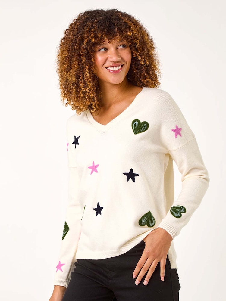 Roman White Heart and Star V-Neck Flock Jumper - Image 1 of 5