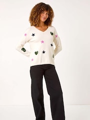 Roman White Heart and Star V-Neck Flock Jumper - Image 2 of 5