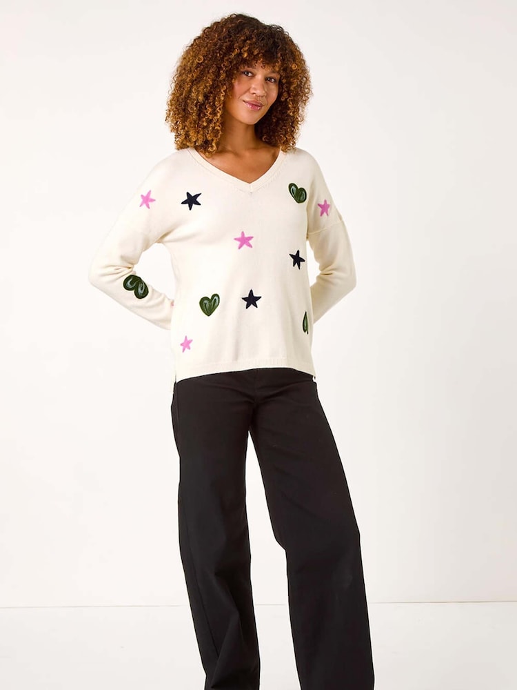Roman White Heart and Star V-Neck Flock Jumper - Image 2 of 5
