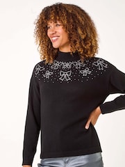 Roman Black Bow Detail Hotfix Knit Jumper - Image 4 of 5