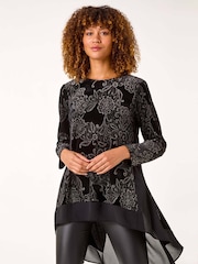 Roman Black Velvet Chiffon Hem Tunic - Image 1 of 5