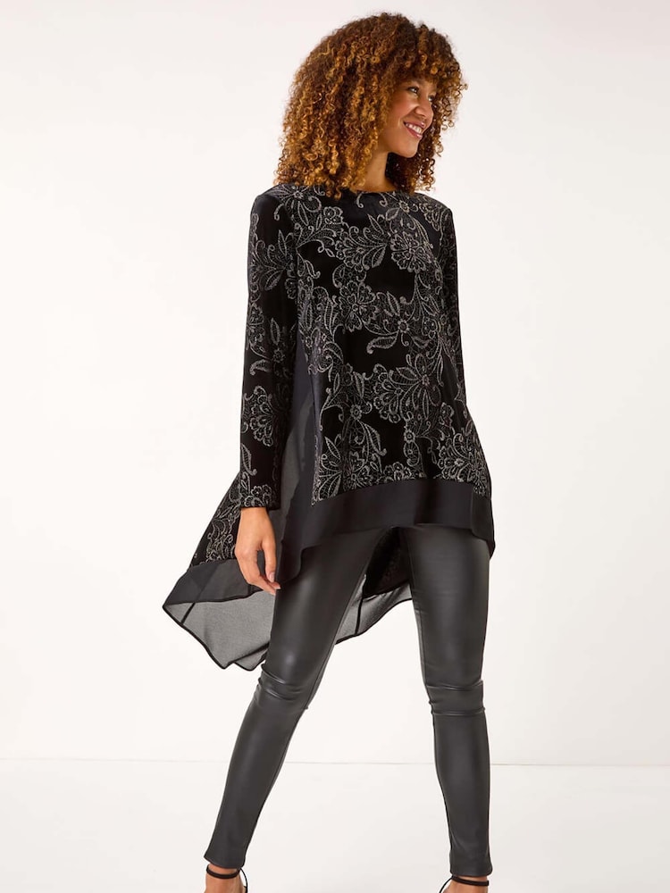 Roman Black Velvet Chiffon Hem Tunic - Image 2 of 5