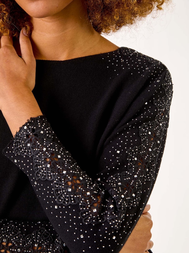 Roman Black Shimmer Sleeve Embellish Knit Jumper - Image 5 of 5 Roman Black Shimmer Sleeve Embellish Knit Jumper - Image 5 of 5
