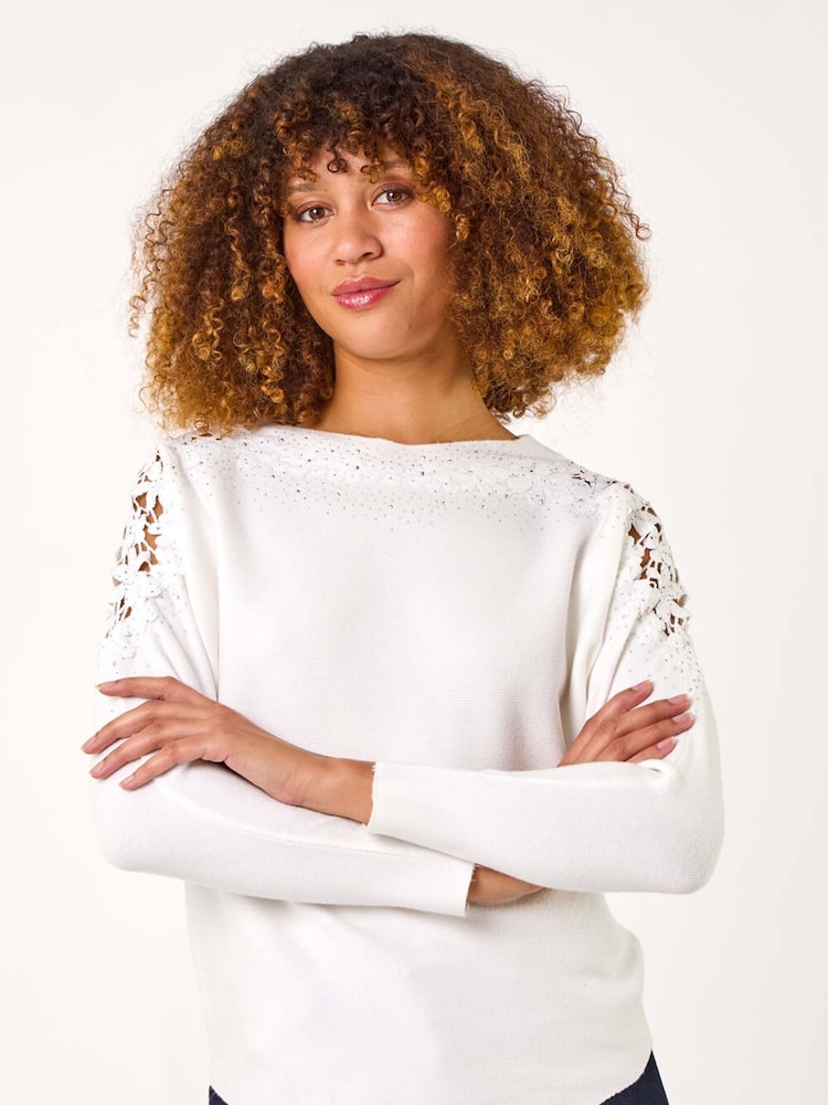 Roman White Curve Contrast Embellished Knit Jumper - Image 1 of 5