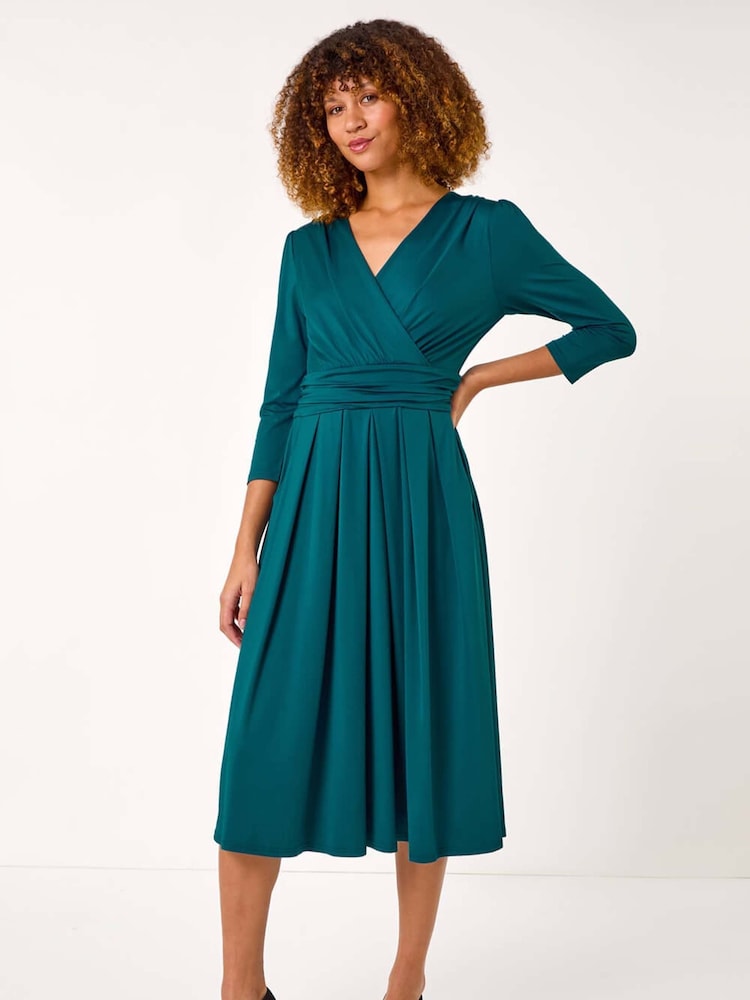Roman Blue Mock Wrap V-Neck Stretch Midi Dress - Image 1 of 5