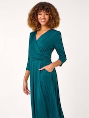 Roman Blue Mock Wrap V-Neck Stretch Midi Dress - Image 2 of 5