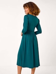 Roman Blue Mock Wrap V-Neck Stretch Midi Dress - Image 3 of 5