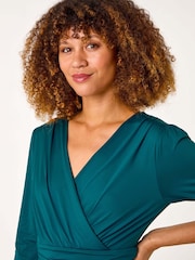 Roman Blue Mock Wrap V-Neck Stretch Midi Dress - Image 4 of 5