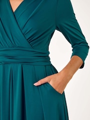 Roman Blue Mock Wrap V-Neck Stretch Midi Dress - Image 5 of 5