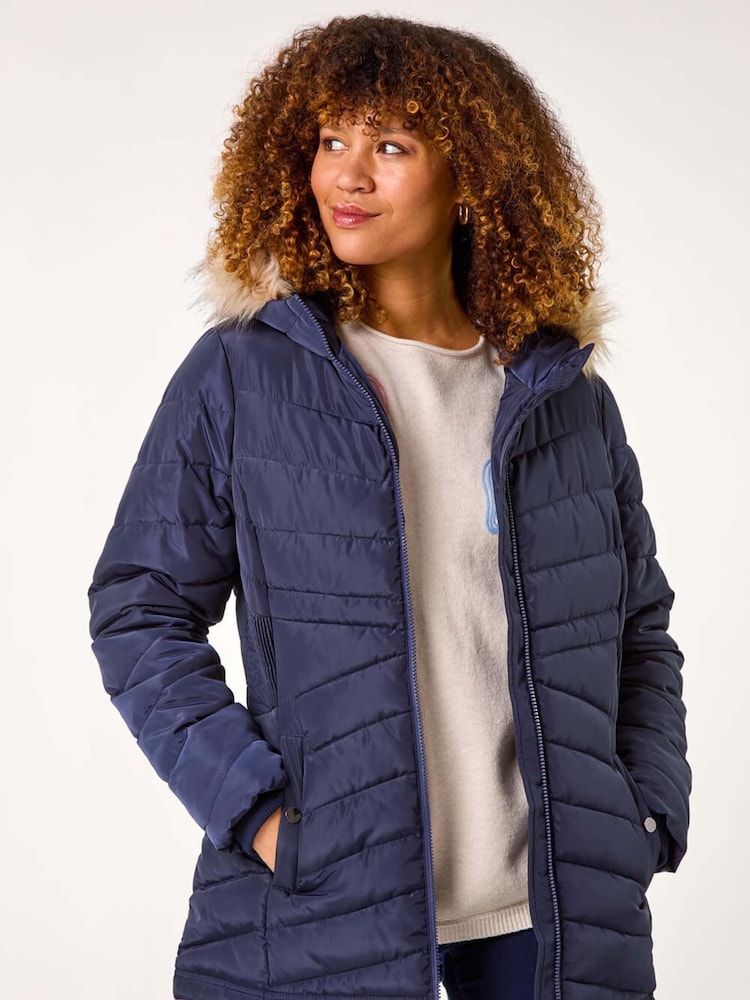 Roman Blue Faux Fur Hooded Quilt Coat - Image 1 of 5