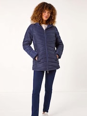 Roman Blue Faux Fur Hooded Quilt Coat - Image 2 of 5